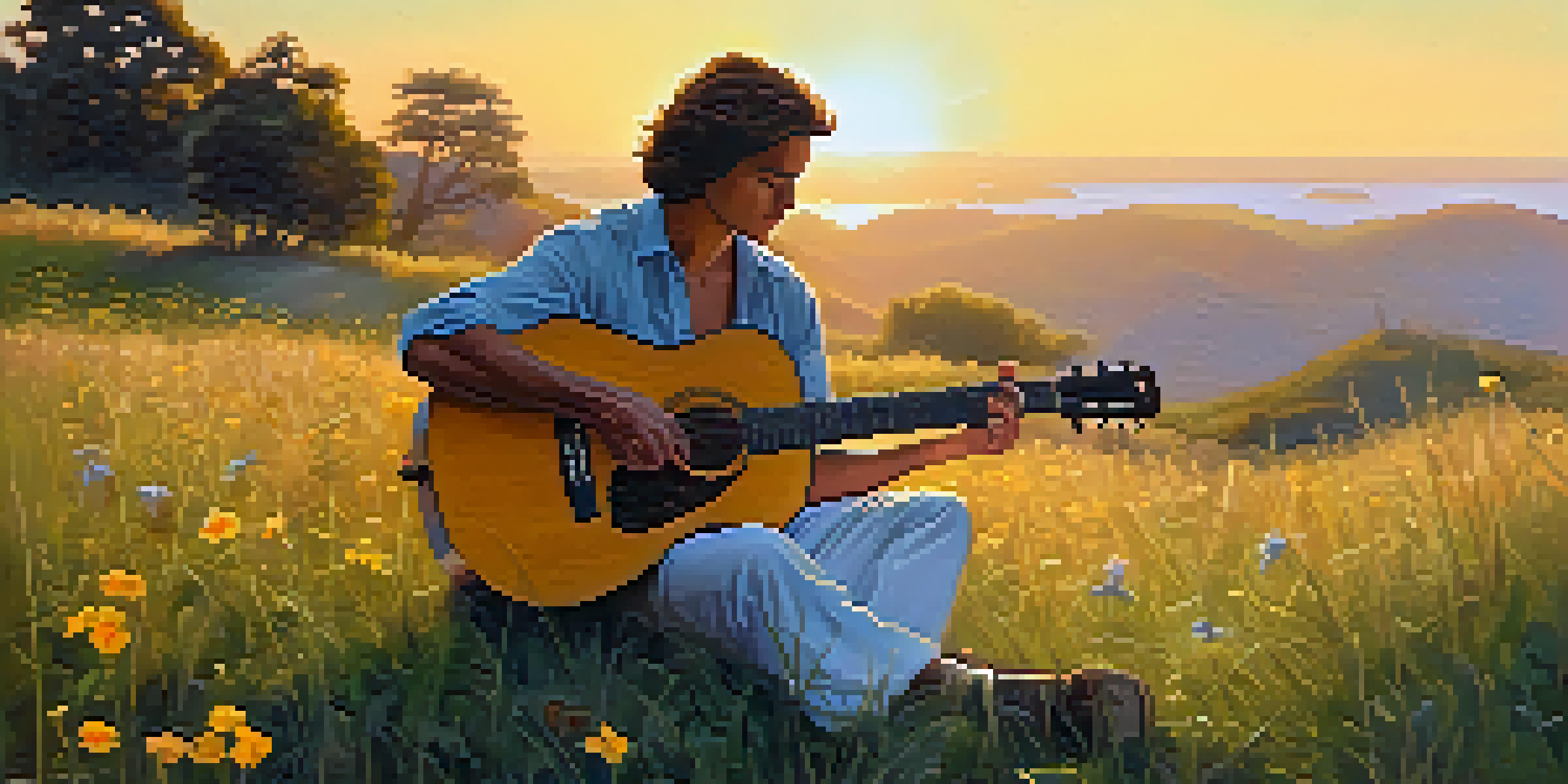 A guitarist sitting on a grassy hill with wildflowers, playing as the sun sets behind them, creating a warm golden light.