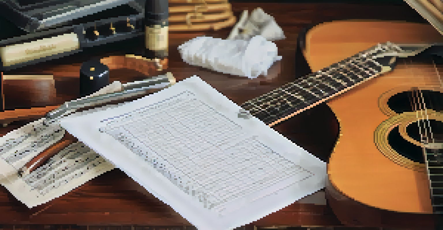 A guitar maintenance checklist on a desk with a tuner, cleaning cloth, and fresh strings, set against blurred musical notes.