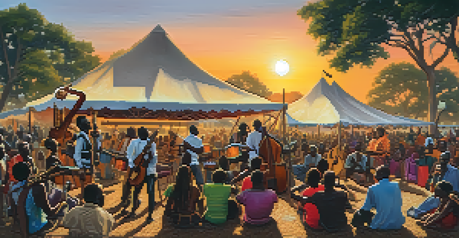 An outdoor music festival with musicians playing a mix of African and Western instruments, with an engaged audience dancing under a sunset.