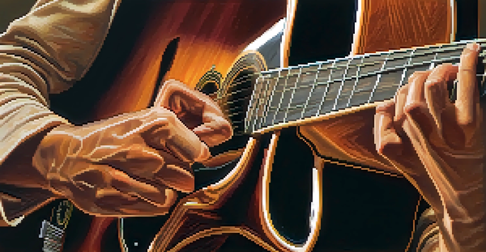 A close-up of a guitarist's hands performing finger exercises on a guitar, with sunlight streaming through a window.