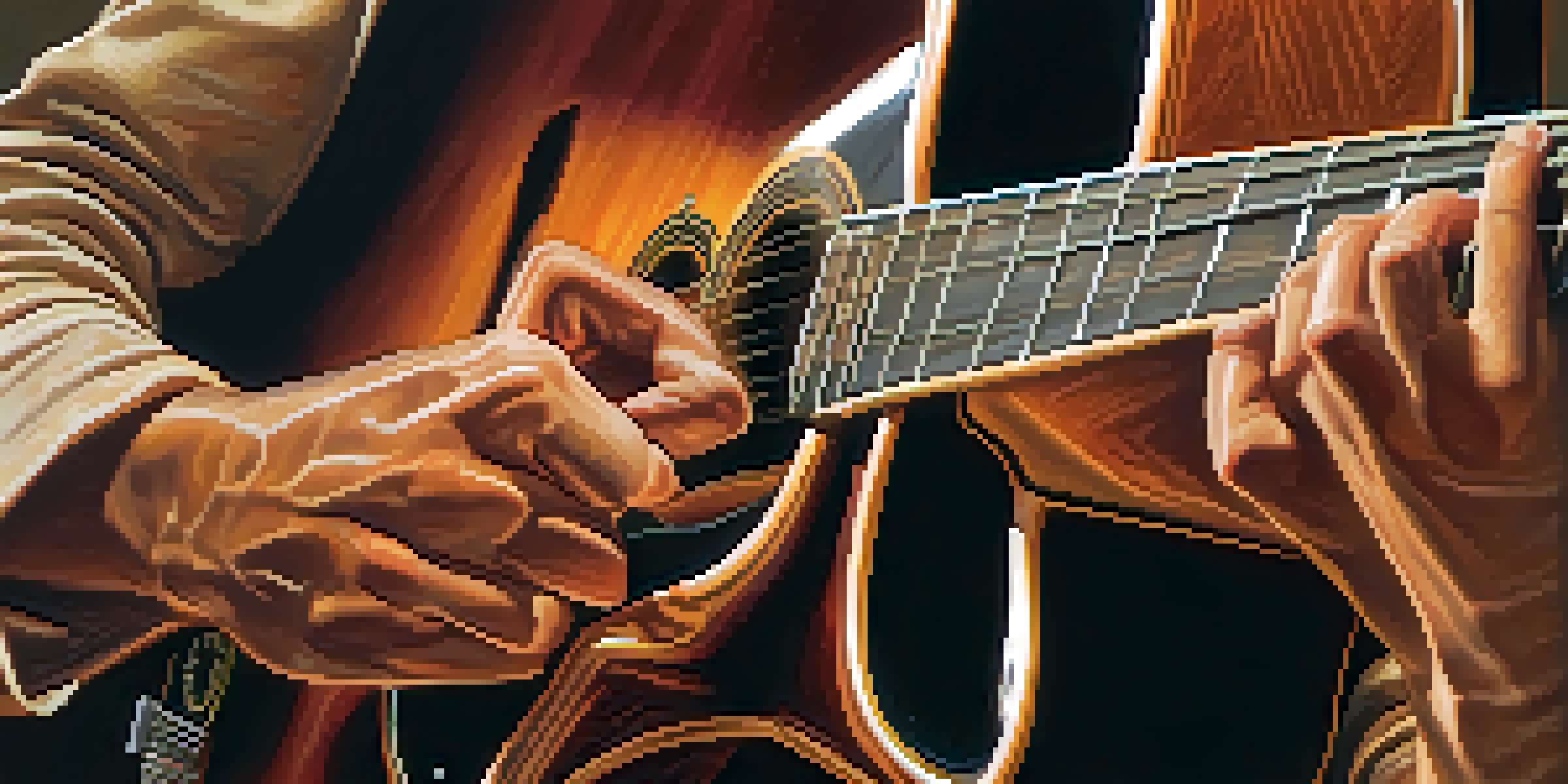 A close-up of a guitarist's hands performing finger exercises on a guitar, with sunlight streaming through a window.