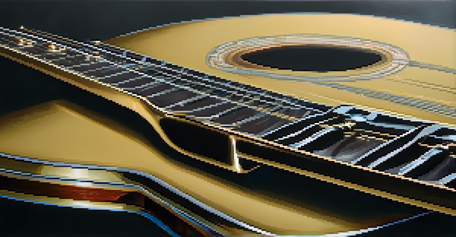 An artistic view of a brass guitar bridge on a textured background, with strings arranged to showcase their connection to the bridge.