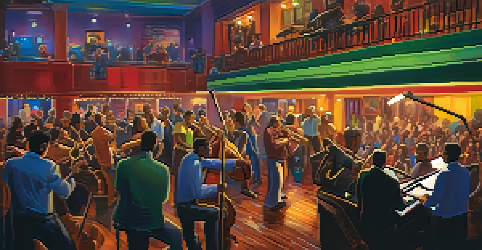 A lively jazz club with musicians performing on stage, showcasing a blend of Brazilian and jazz music in a vibrant atmosphere.