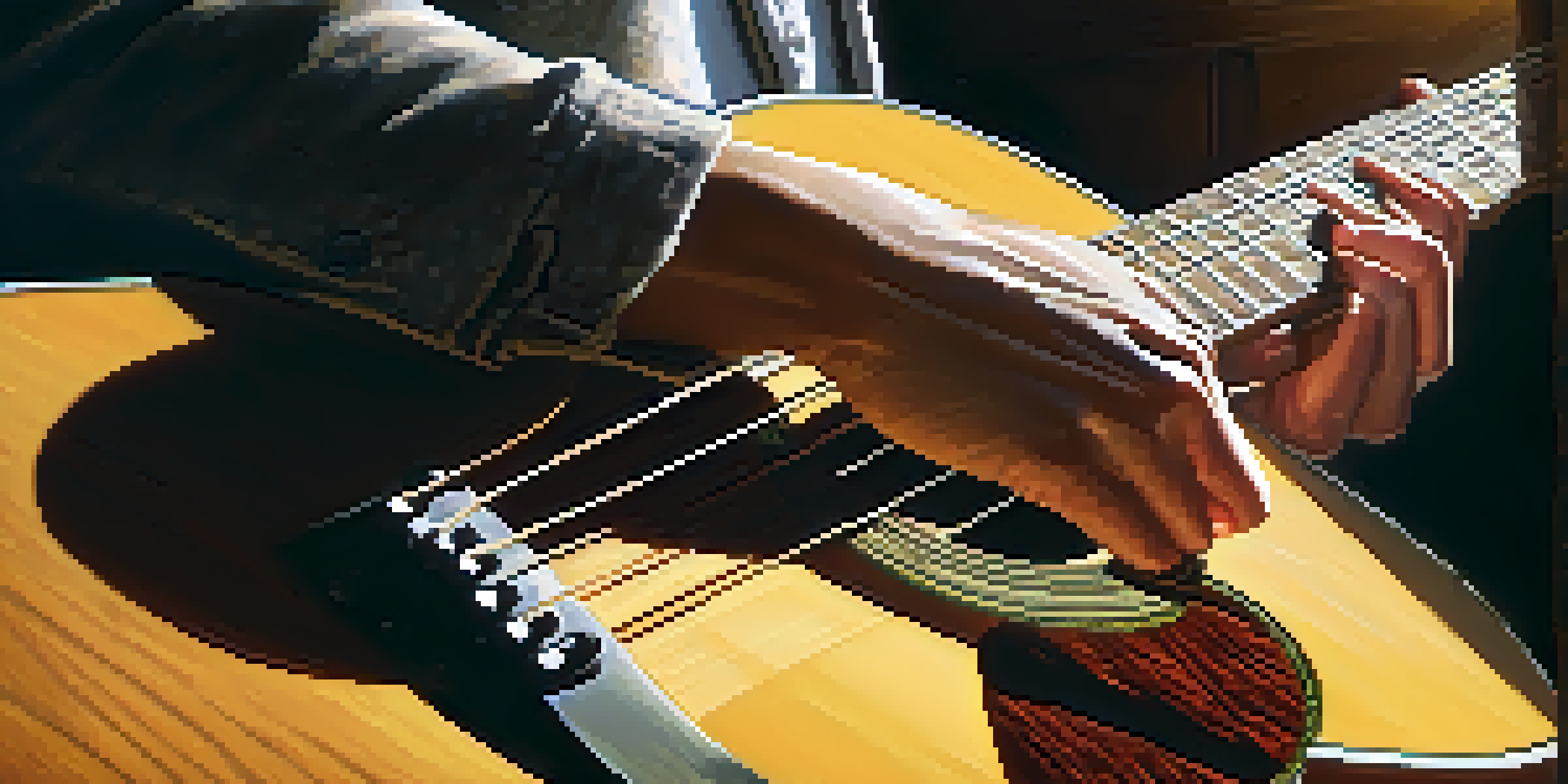 A guitarist's hands practicing finger exercises on an acoustic guitar, illuminated by sunlight with soft shadows on the floor.