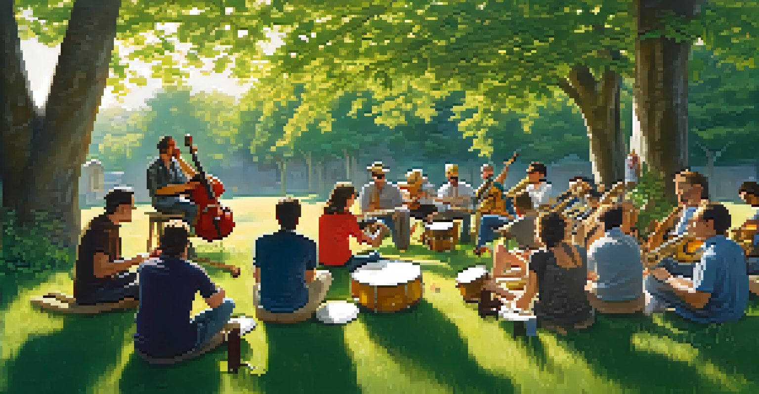 Musicians sitting in a circle on grass during an outdoor jam session, surrounded by trees and sunlight.
