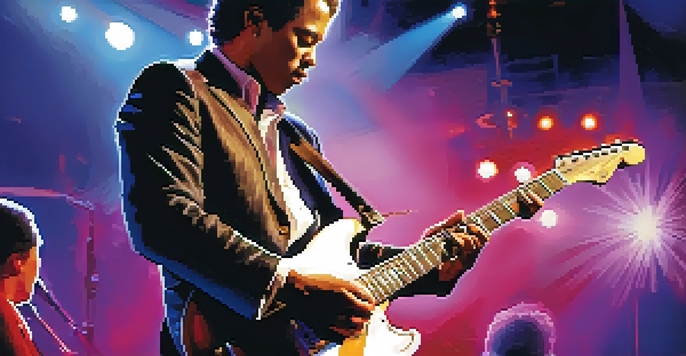 A jazz guitarist playing an electric guitar on stage, surrounded by colorful lights and a blurred audience.