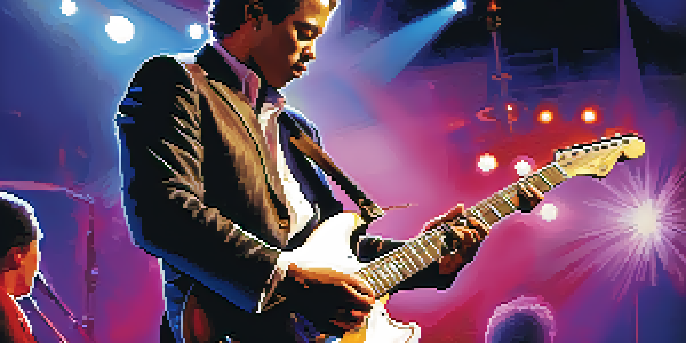 A jazz guitarist playing an electric guitar on stage, surrounded by colorful lights and a blurred audience.