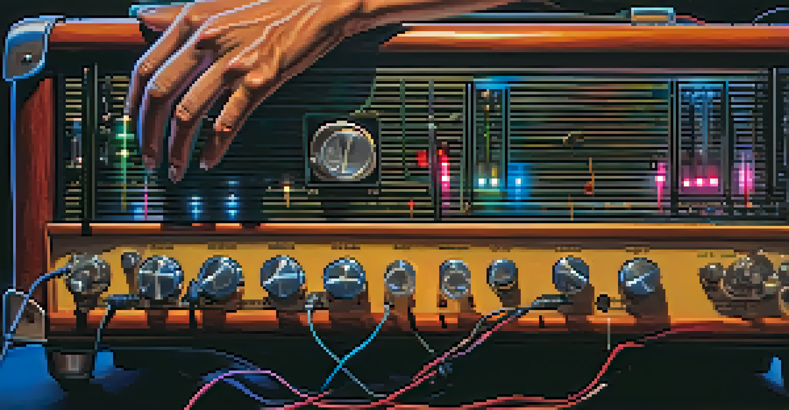 A close-up of hands adjusting the gain and treble controls on a guitar amplifier, set against a blurred live performance background.