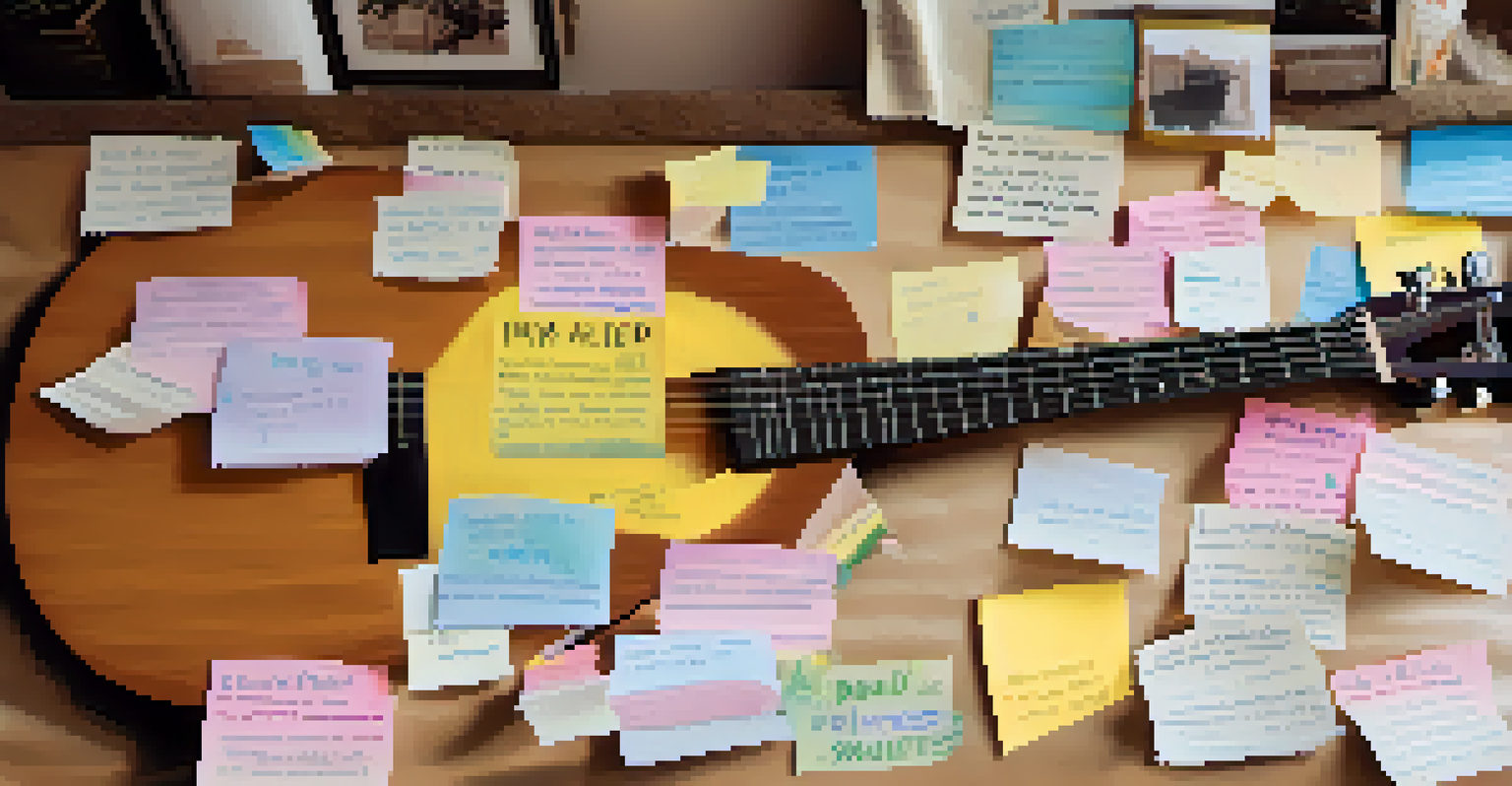 A corkboard filled with sticky notes containing positive affirmations about guitar playing, surrounded by a guitar, music sheets, and a cup of coffee in a well-lit practice space.