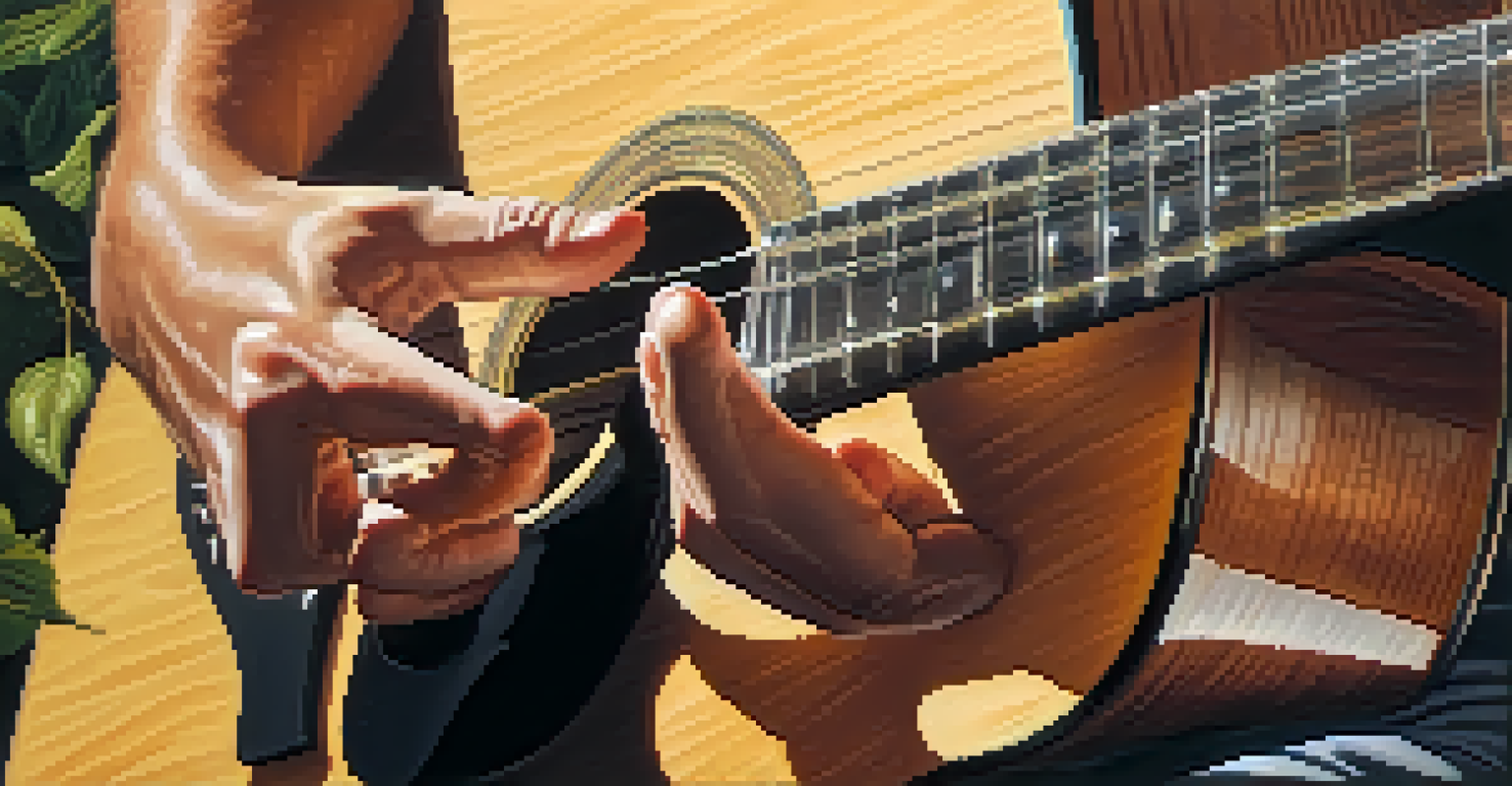 Close-up of a guitarist's hands playing an acoustic guitar, with sunlight filtering through leaves.