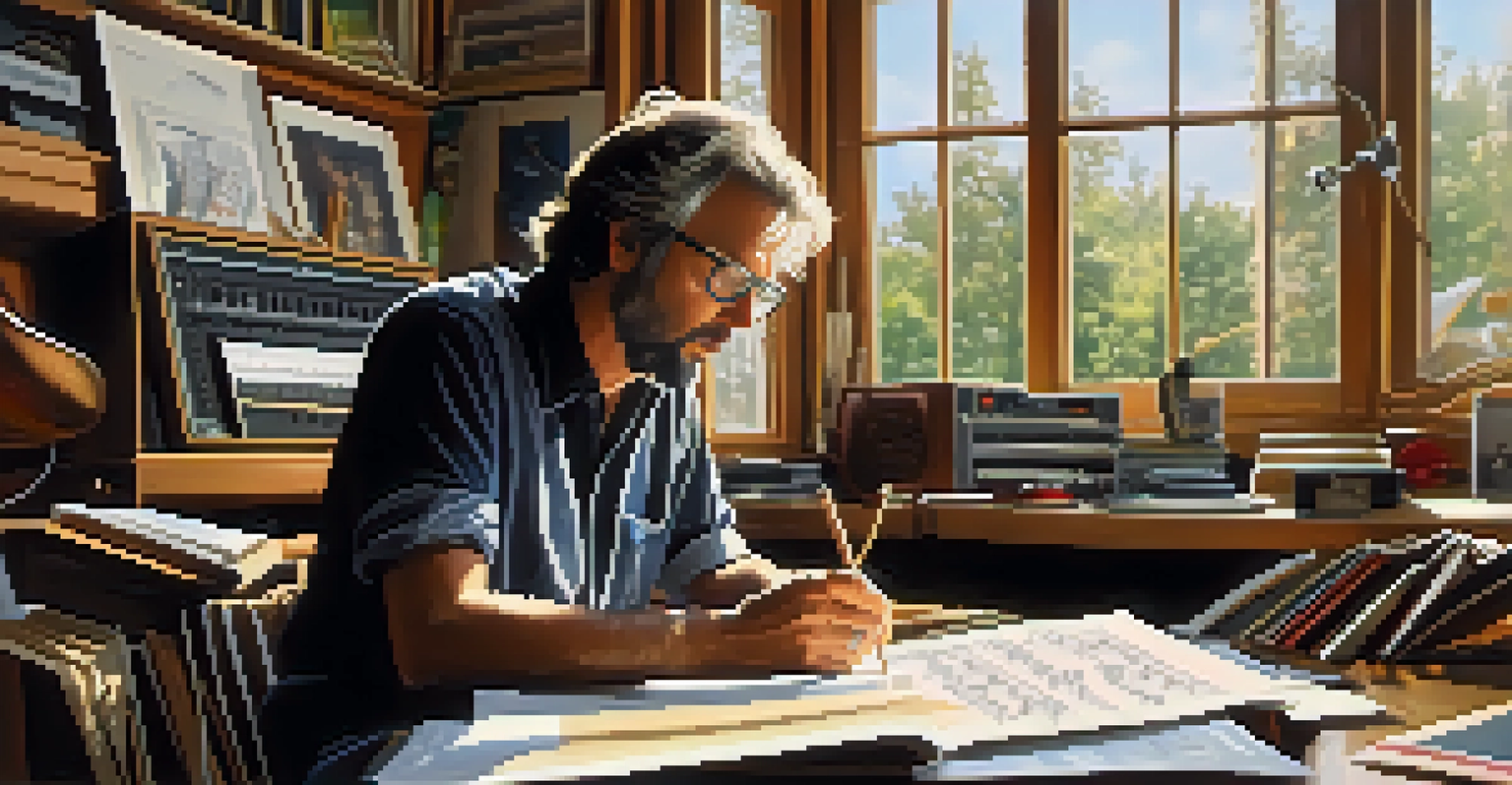 Eric Clapton in a studio, thoughtfully working on a new song with an acoustic guitar and music sheets around him.