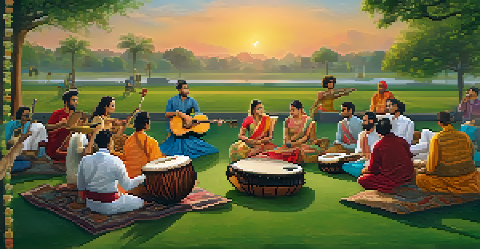 A diverse group of musicians performing a fusion concert outdoors, with a guitarist, sitar player, and tabla player against a sunset backdrop.