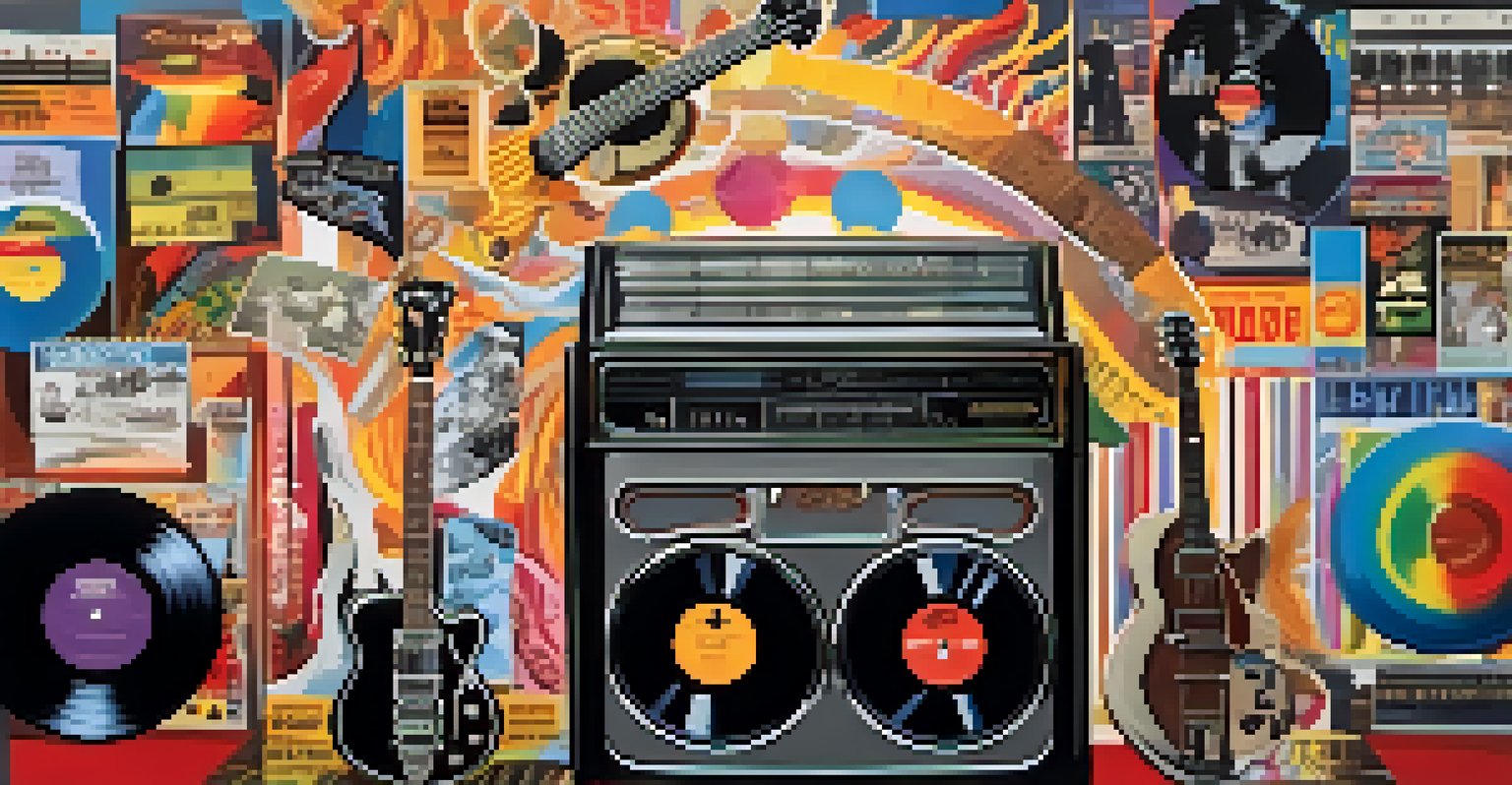 A colorful collage featuring vinyl records, a jukebox, an electric guitar, and concert tickets.