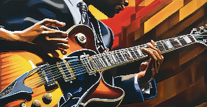 A jazz guitarist performing on stage, showcasing the guitar and the musician's intense expression amidst colorful stage lights.