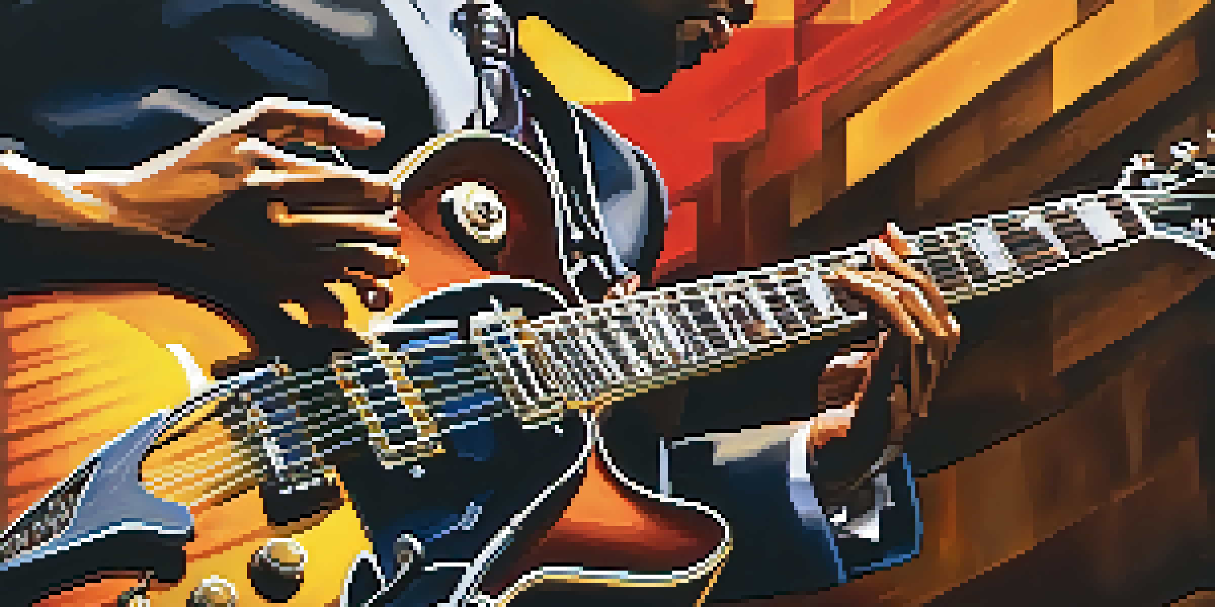 A jazz guitarist performing on stage, showcasing the guitar and the musician's intense expression amidst colorful stage lights.
