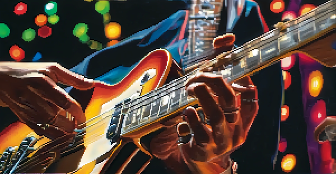 A guitarist's hands playing an electric guitar, with colorful lights in the background creating an energetic atmosphere.