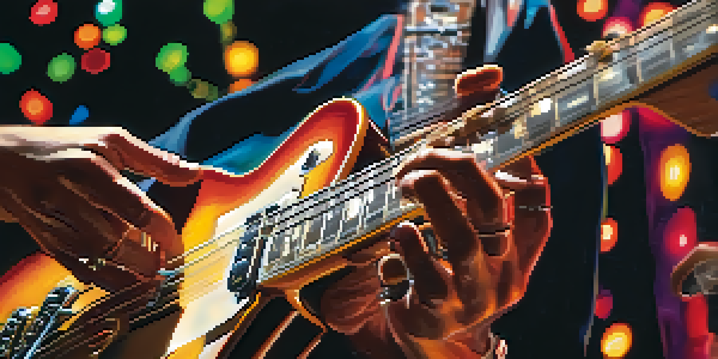 A guitarist's hands playing an electric guitar, with colorful lights in the background creating an energetic atmosphere.