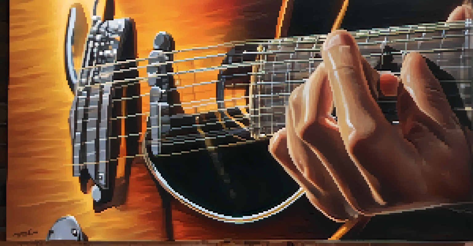 A close-up of a hand using a glass slide on a guitar's strings, with a blurred background.