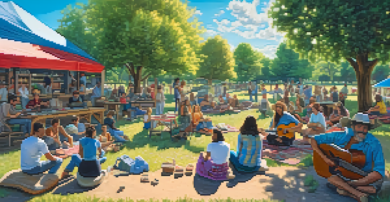 A lively outdoor guitar workshop in a park, with musicians gathered around a local musician leading a jam session.