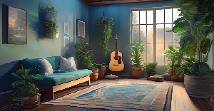 A peaceful indoor meditation corner with a guitar, cushions, plants, and soft lighting.