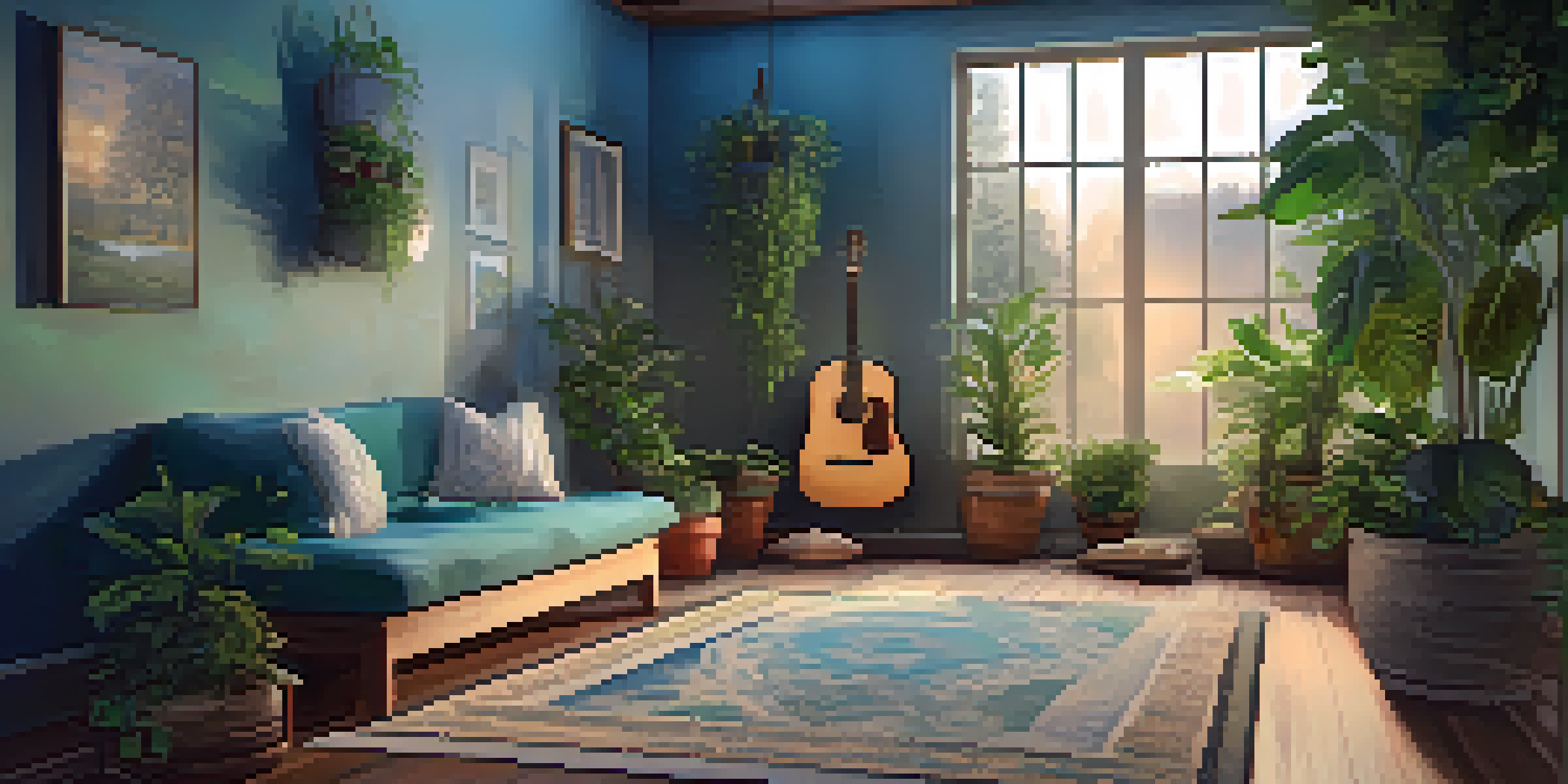 A peaceful indoor meditation corner with a guitar, cushions, plants, and soft lighting.
