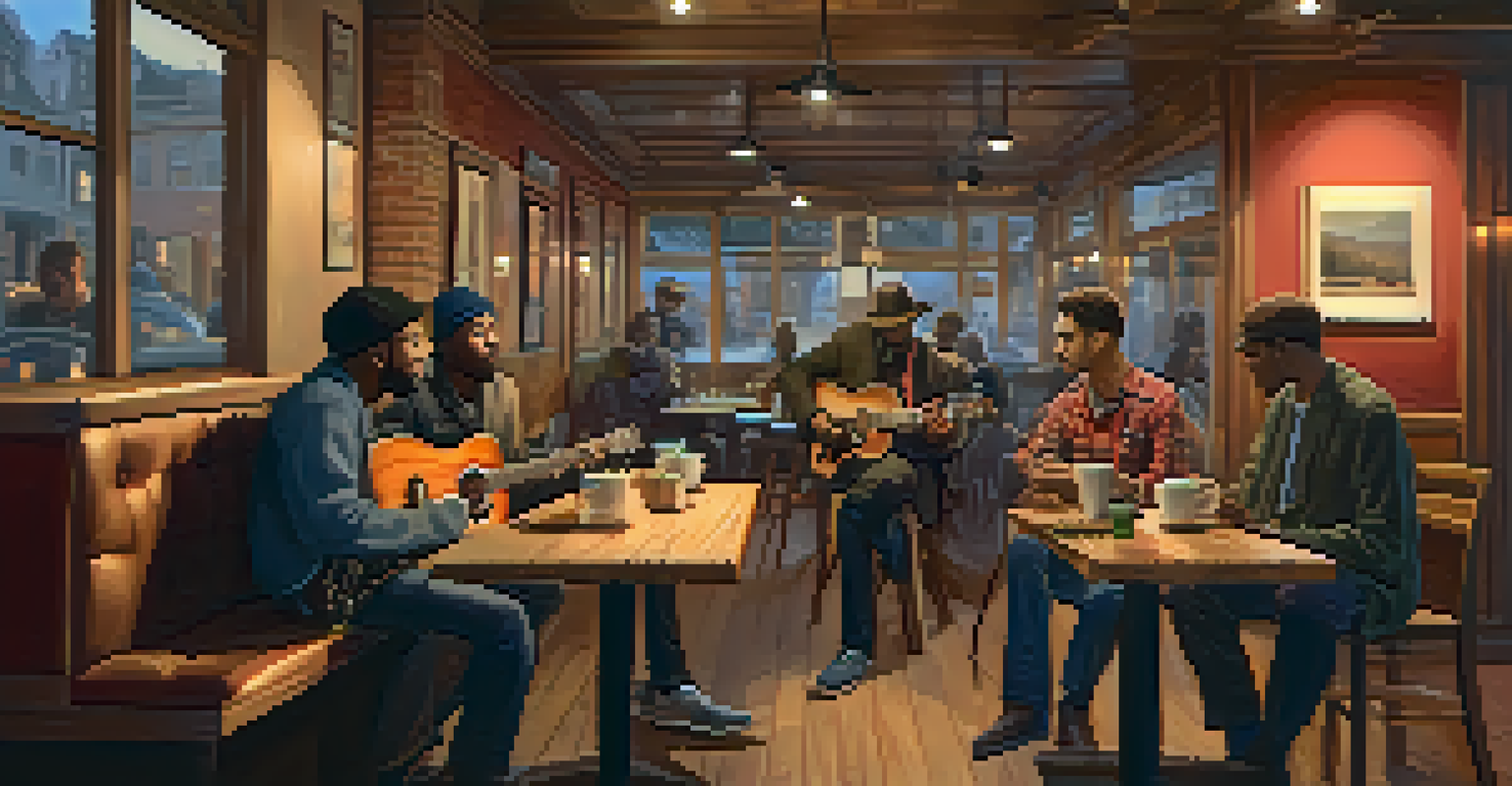 A group of musicians playing together in a cozy coffee shop, with warm lighting and wooden decor.