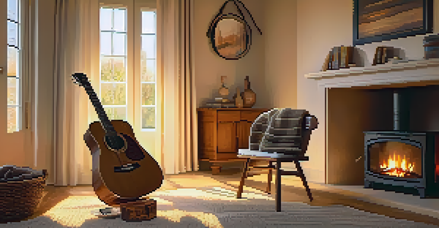 An acoustic guitar resting on a wooden stool beside a fireplace, creating a warm and cozy atmosphere.