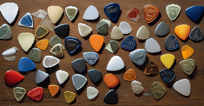 A variety of guitar picks made from different materials are arranged on a wooden surface, showcasing different colors and textures in soft natural light.