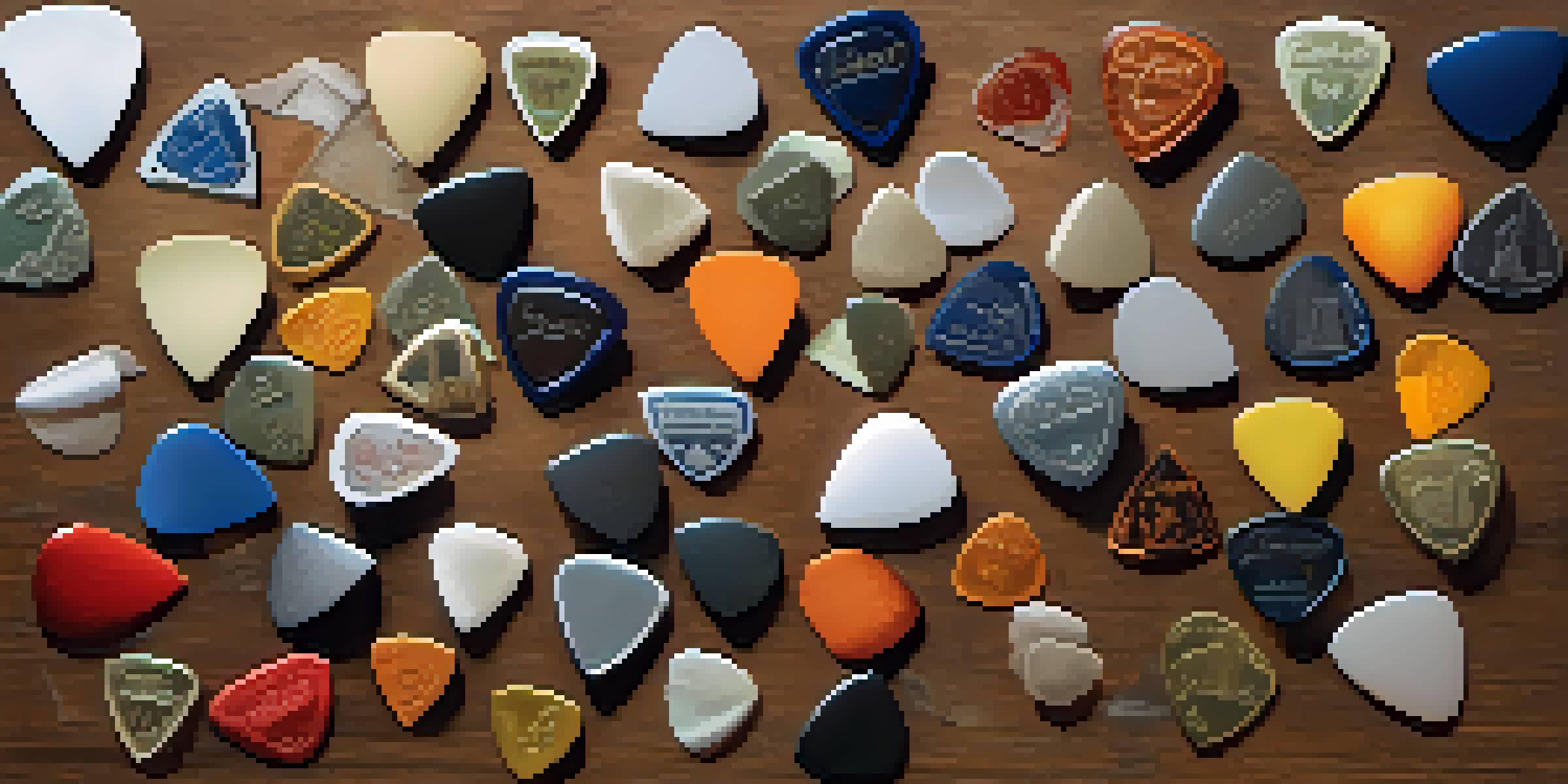 A variety of guitar picks made from different materials are arranged on a wooden surface, showcasing different colors and textures in soft natural light.