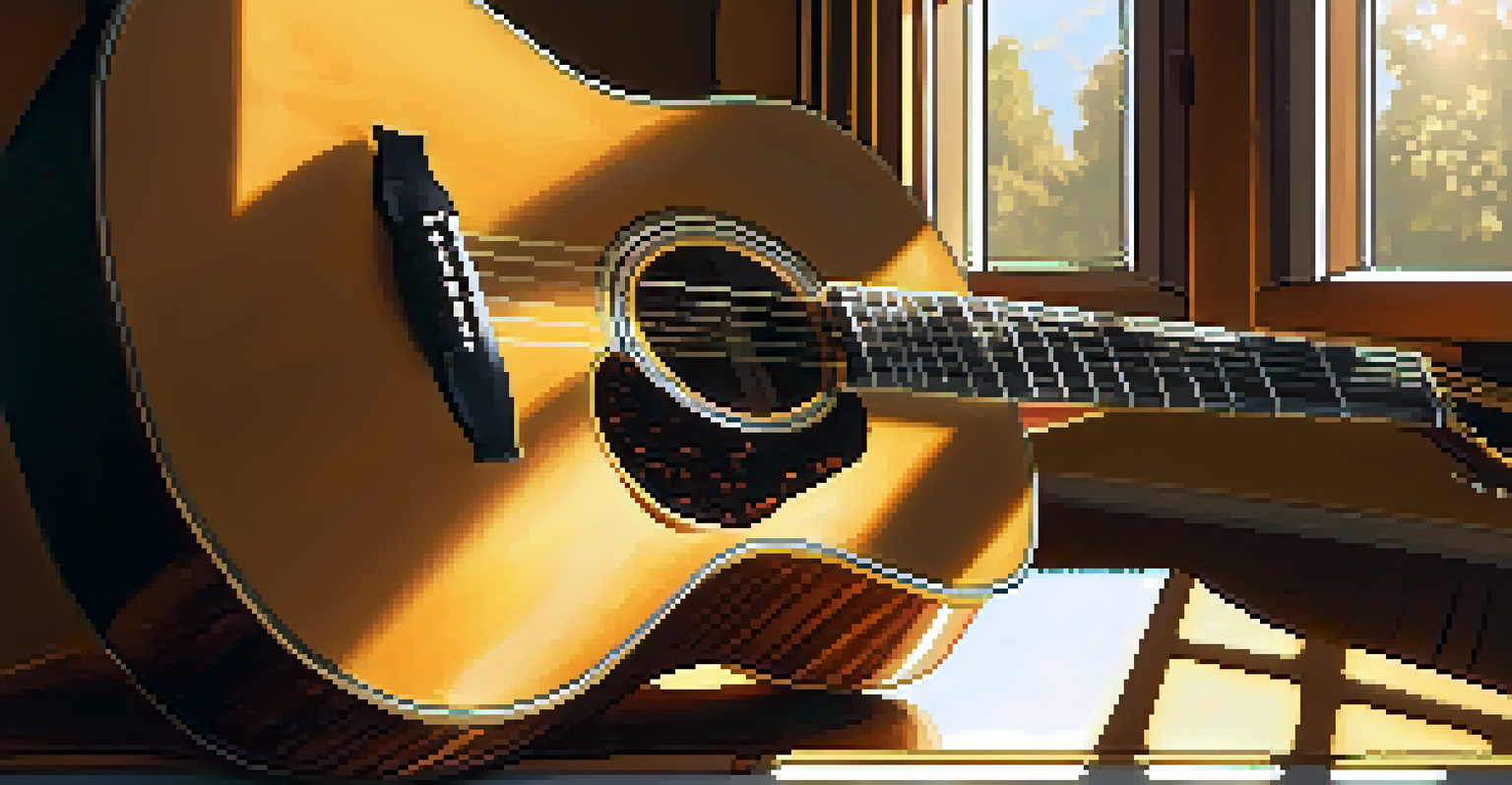 A close-up of an acoustic guitar on a wooden table, illuminated by sunlight, with sheet music in the background.