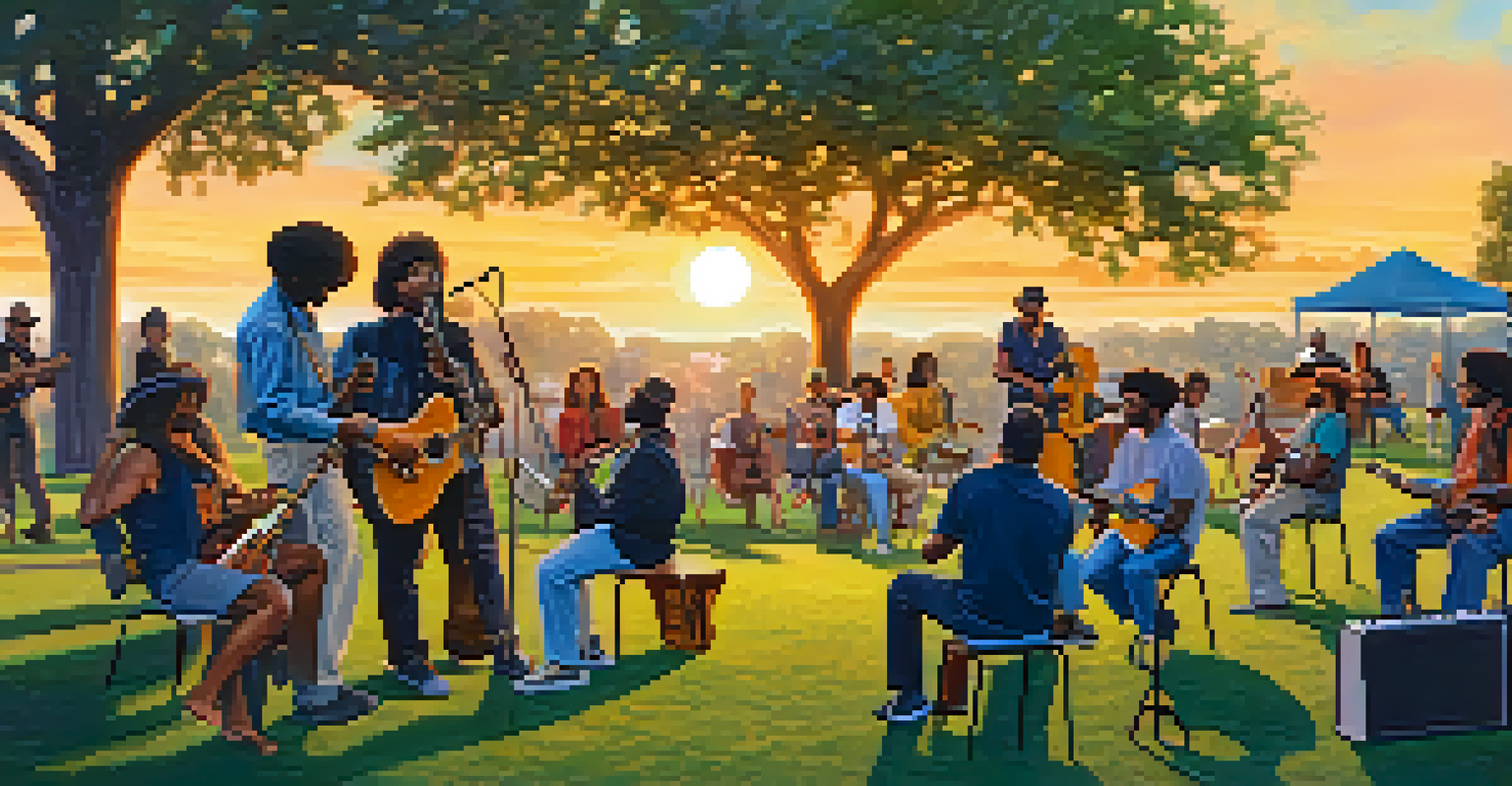 A diverse group of musicians playing a blues jam session in a park during sunset, with one guitarist using open G tuning.