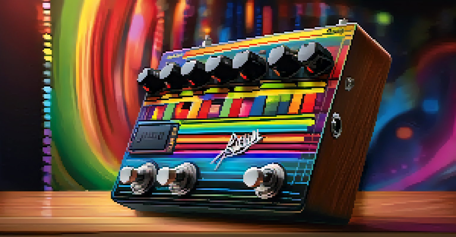 A digital delay pedal on a wooden stage with colorful sound waves around it, showcasing its screen with various settings in dynamic lighting.