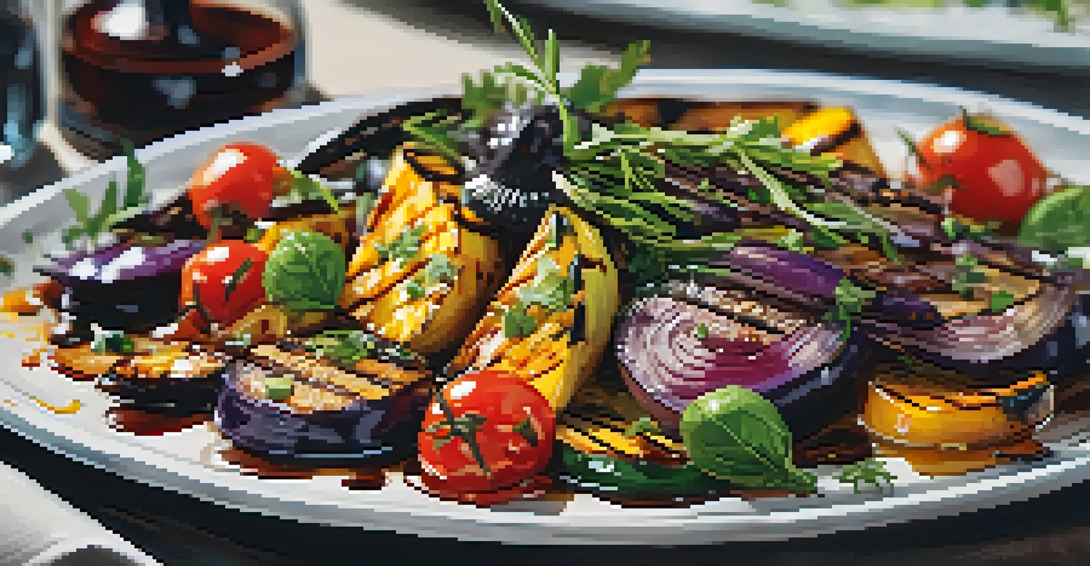 A beautifully plated homemade dish with grilled vegetables, herbs, and balsamic glaze under soft natural lighting.