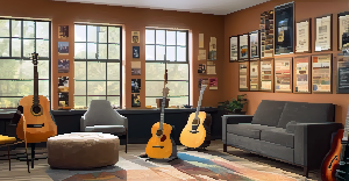 A warm and inviting guitar teaching studio with comfortable seating, inspiring decor, and organized guitars.