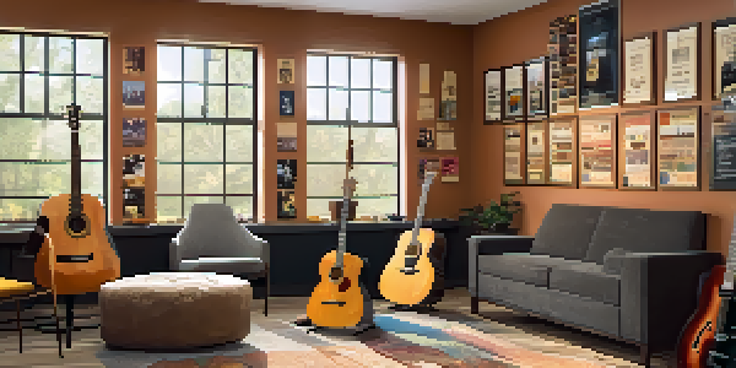 A warm and inviting guitar teaching studio with comfortable seating, inspiring decor, and organized guitars.