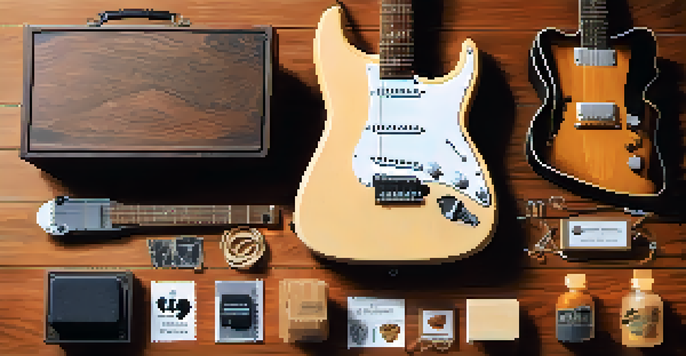 A flat lay of guitar accessories arranged on a wooden surface with natural light.