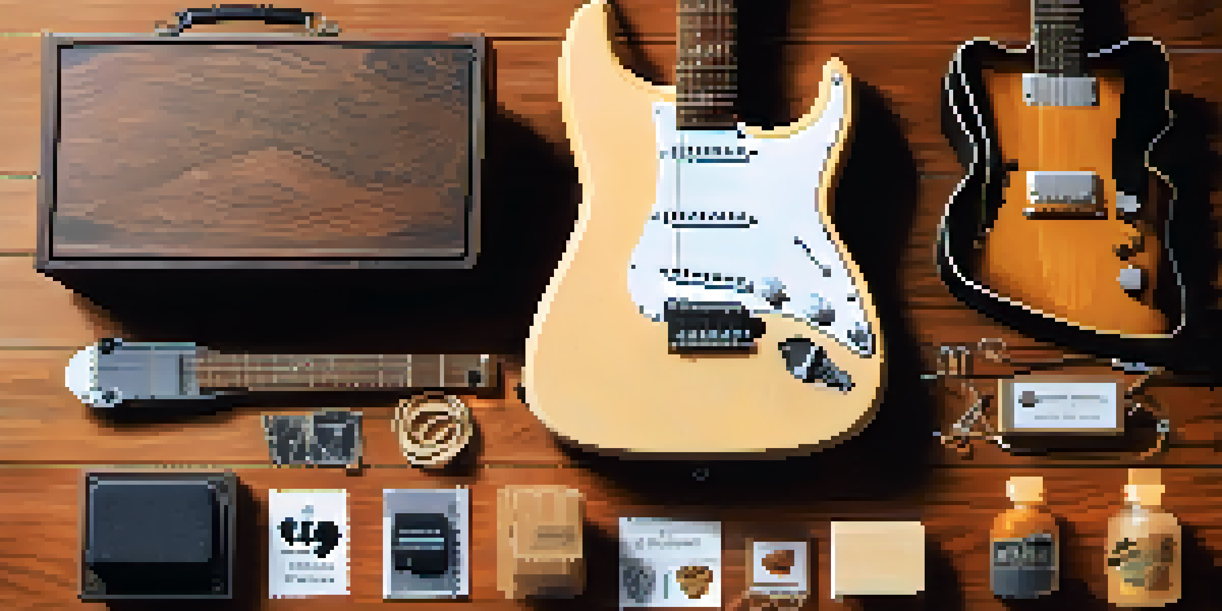 A flat lay of guitar accessories arranged on a wooden surface with natural light.