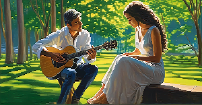 A guitarist and a singer performing on stage surrounded by greenery and sunlight.