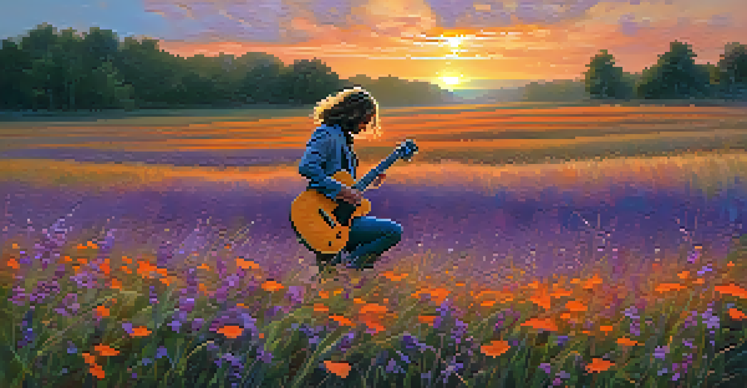 A guitarist playing in an open field during sunset, with vibrant colors in the sky and wildflowers around them.
