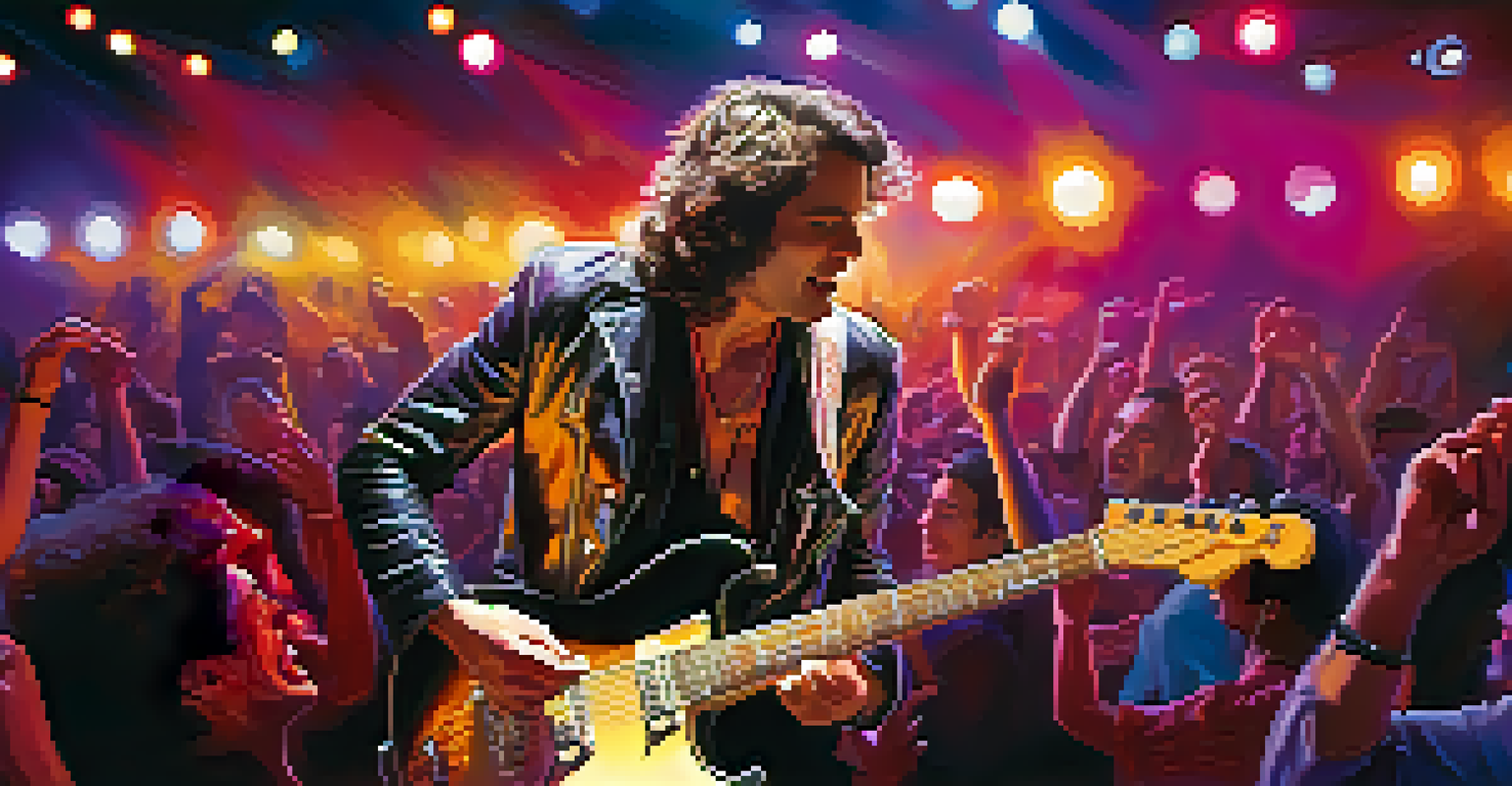 An experienced guitarist performs on stage with colorful lights and a cheering audience, capturing the energy of a live music performance.