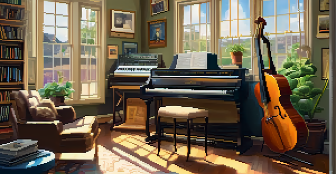 A cozy home music studio with a guitar, music sheets, and plants, filled with sunlight.