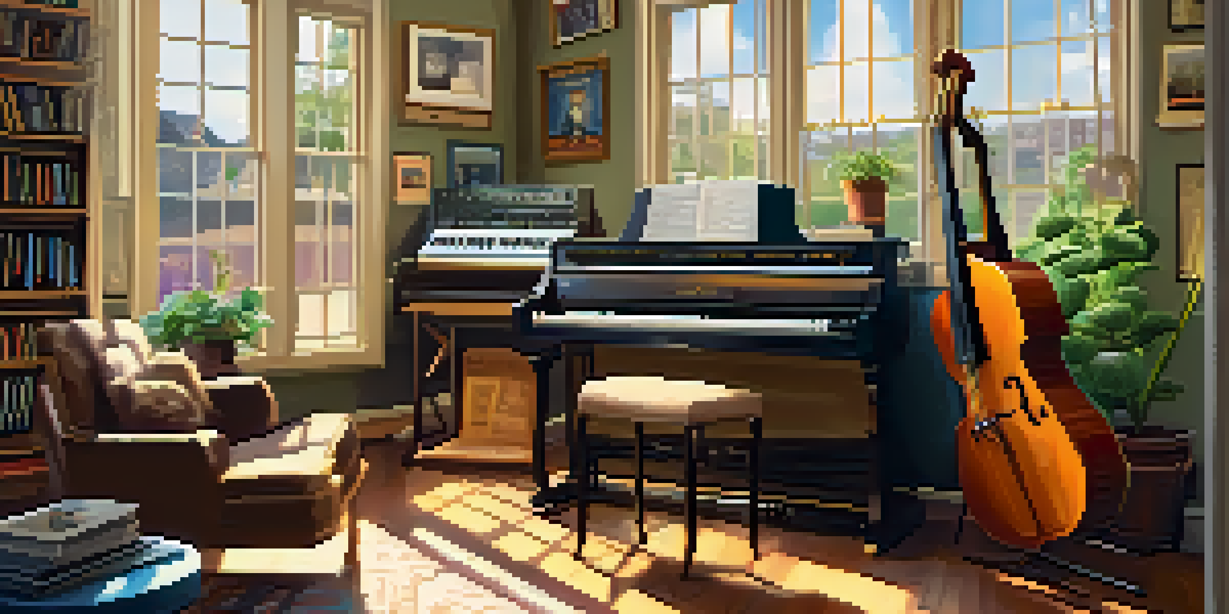 A cozy home music studio with a guitar, music sheets, and plants, filled with sunlight.