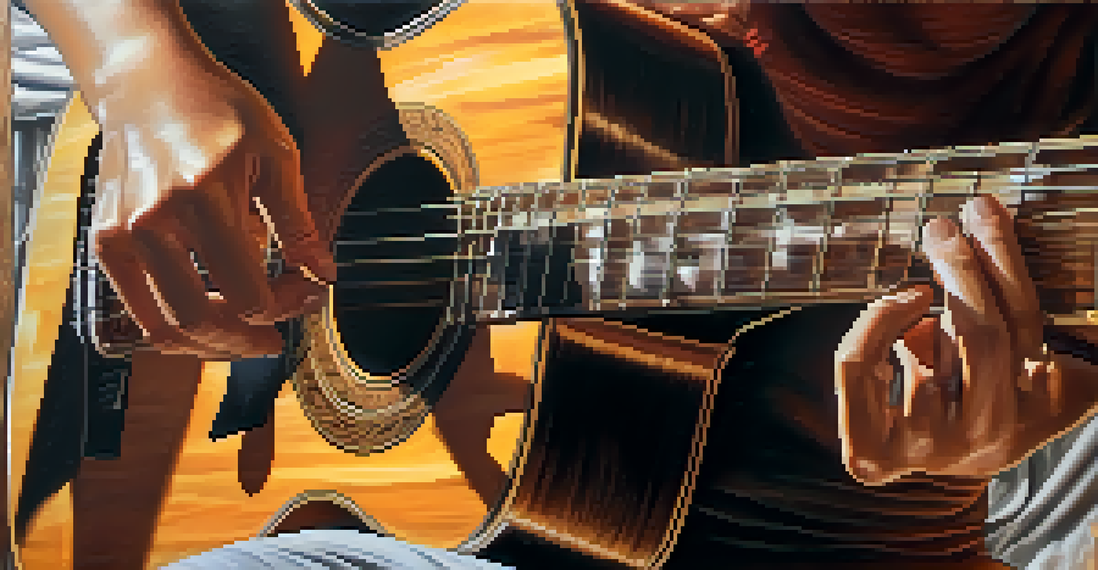 A close-up of hands playing guitar, showcasing the fingers on the fretboard and the detailed wooden texture of the guitar, with a blurred background.
