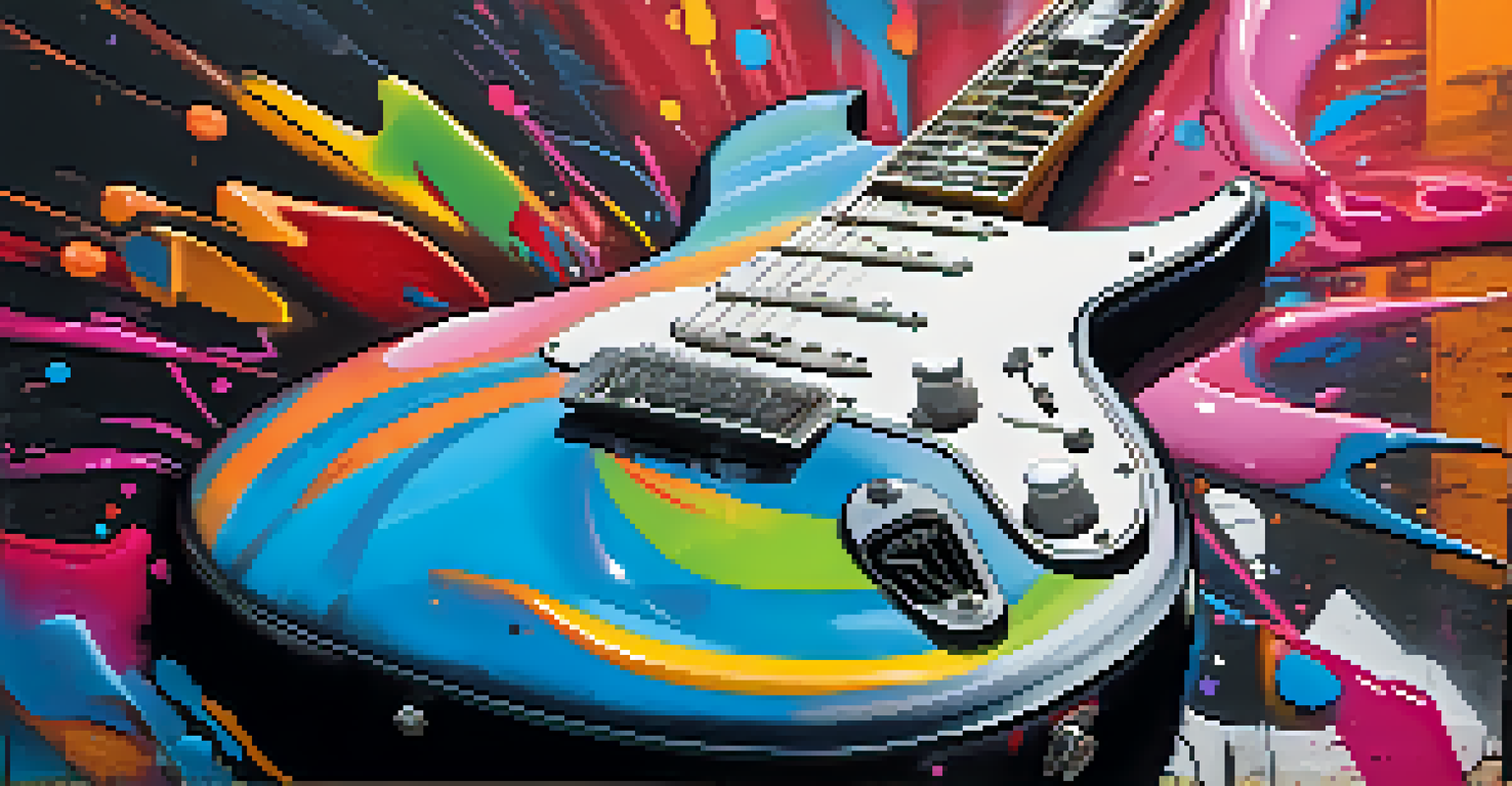 An electric guitar in front of a colorful graffiti wall, illuminated by neon lights, showcasing its unique design.