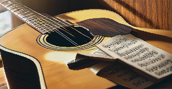 A close-up view of an acoustic guitar on a wooden table with sheet music and a pencil, illuminated by warm sunlight.