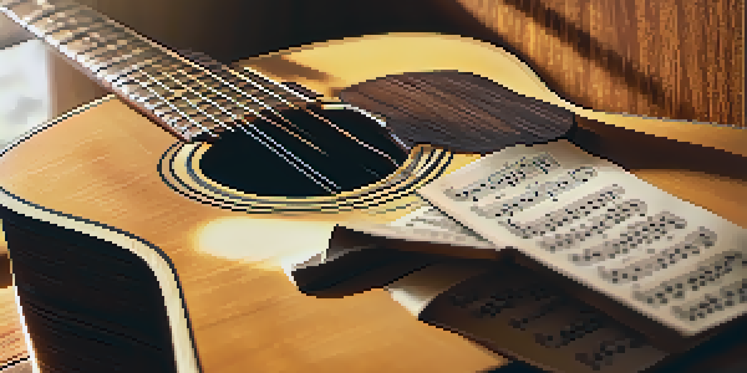 A close-up view of an acoustic guitar on a wooden table with sheet music and a pencil, illuminated by warm sunlight.