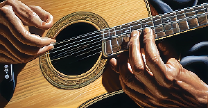 A guitarist's hands playing an acoustic guitar, showcasing fingerpicking technique.