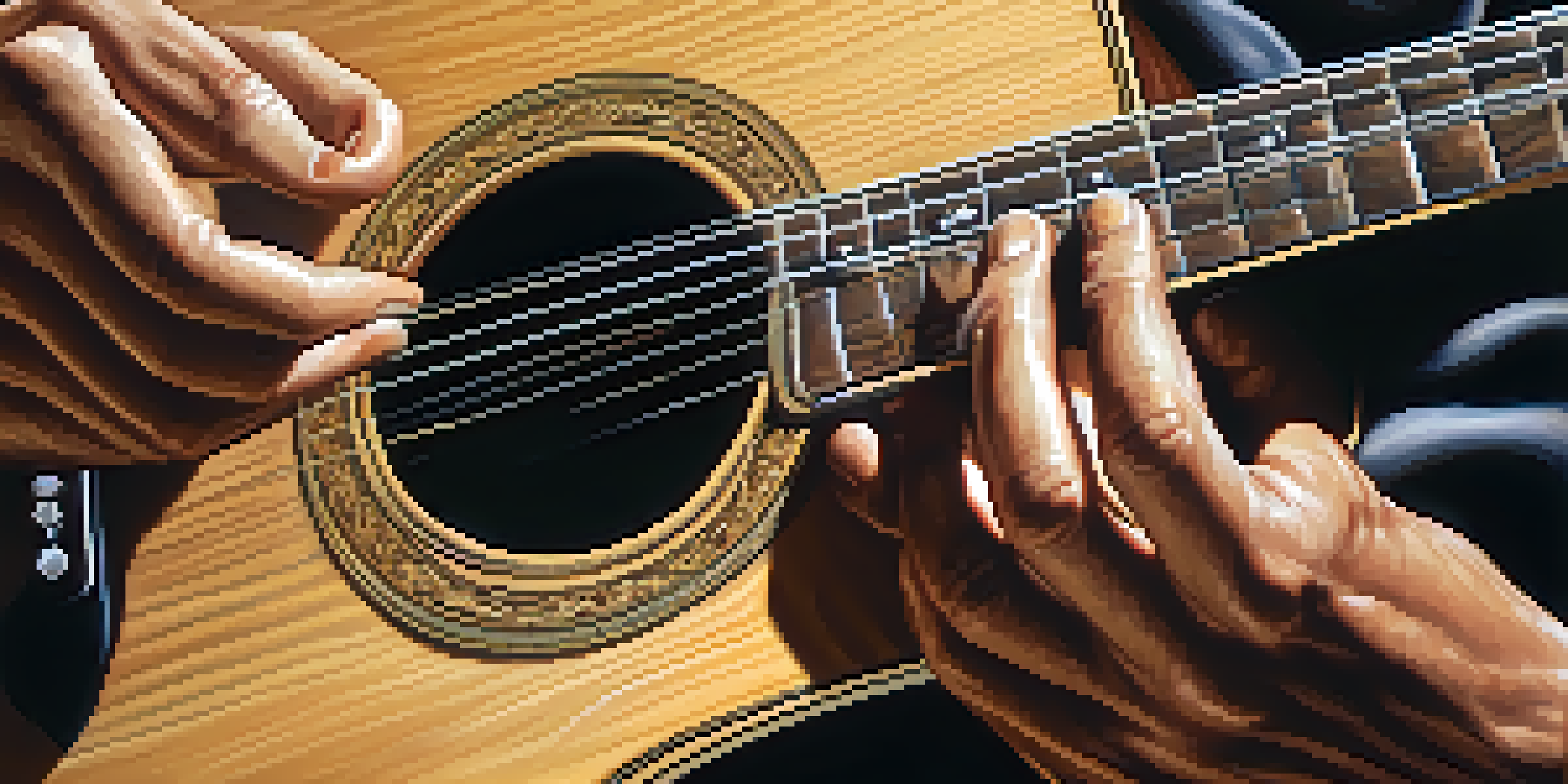 A guitarist's hands playing an acoustic guitar, showcasing fingerpicking technique.