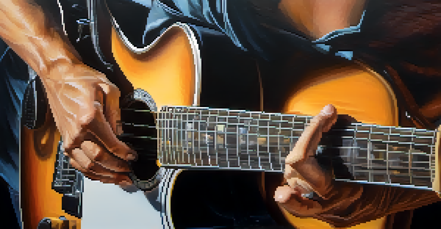 A close-up of a guitarist's hands playing a guitar, with various guitars in the background, highlighted by soft lighting.