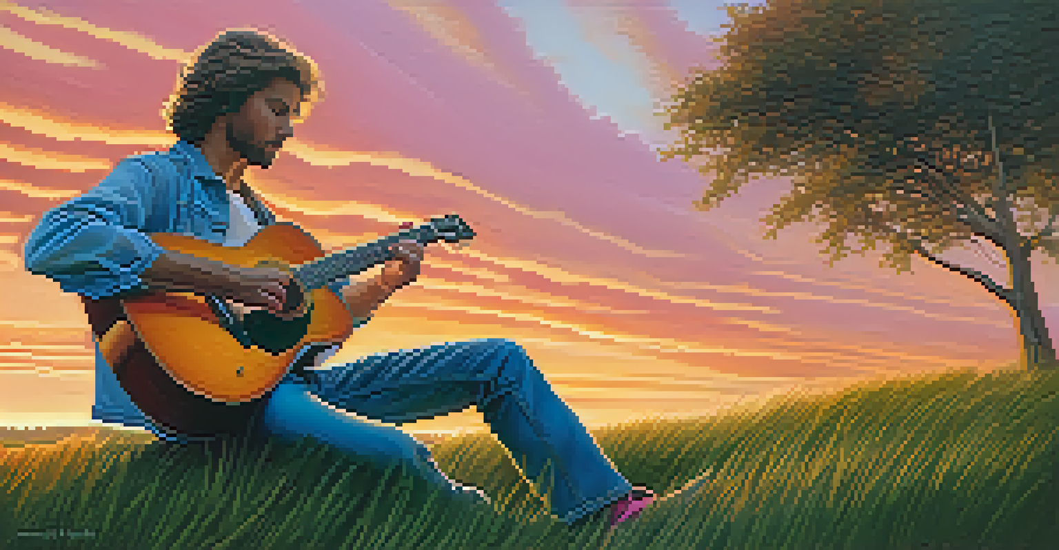 A guitarist on a grassy hill at sunset, playing slide guitar with a beautiful sky in the background.